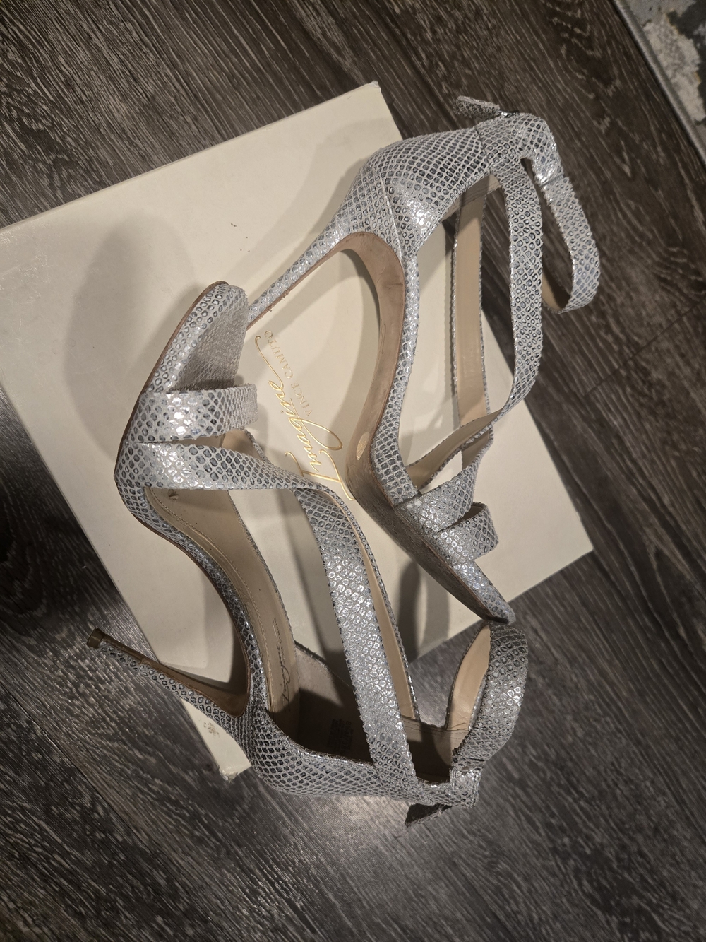 Like NEW IN Box Vince Camuto Imagin Silver Metallic Snake-Textured Strappy Heels